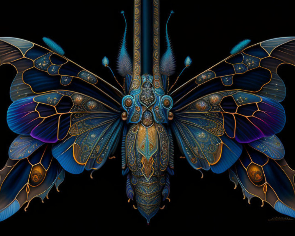 Symmetrical Digital Artwork: Mechanized Butterfly in Gold and Blue on Black