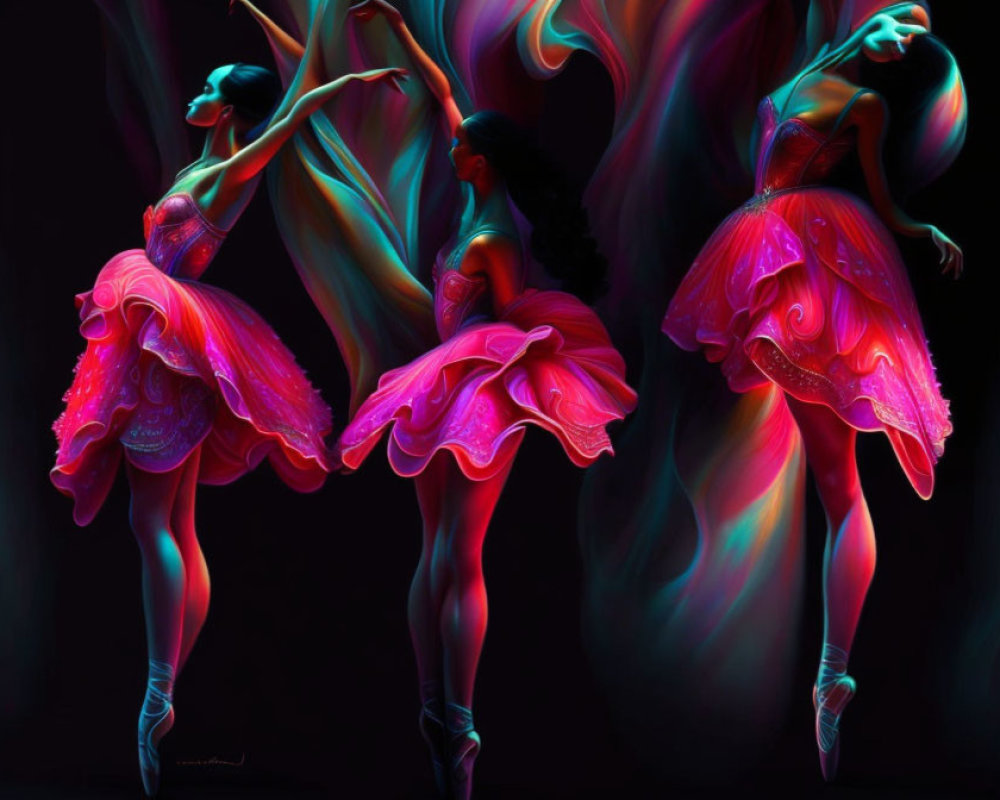 Colorful Ballerinas in Pink Costumes with Light Trails on Dark Background