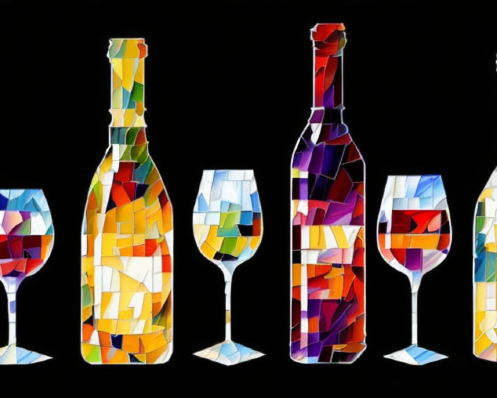 Four colorful mosaic-style wine bottle and glass artworks on black background