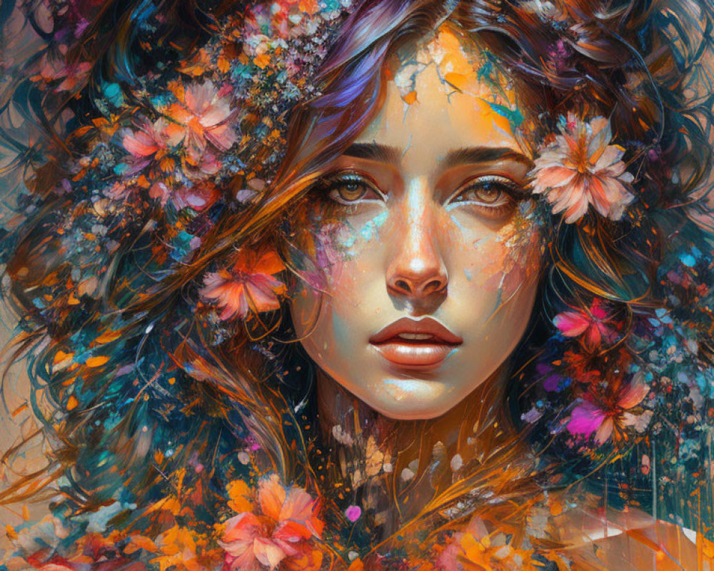 Colorful digital painting of woman with flower hair blending into paint textures