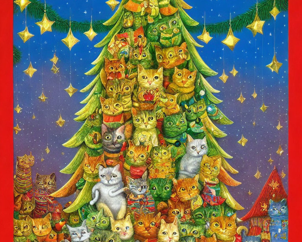 Whimsical cats around Christmas tree with stars