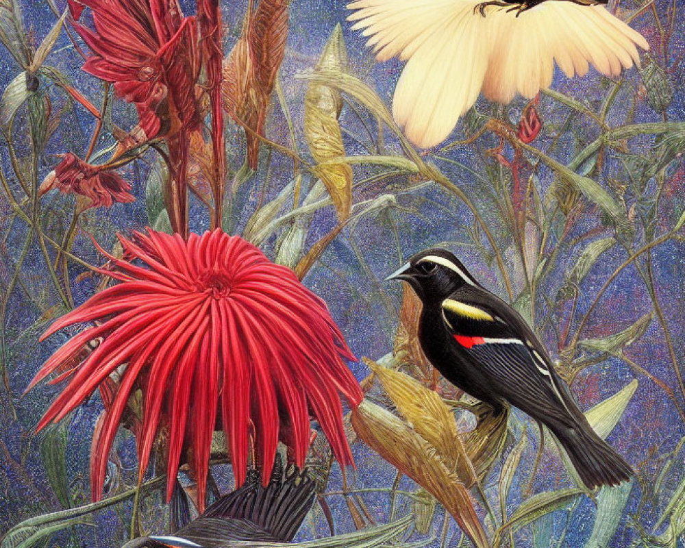 Detailed illustration of three red-winged blackbirds flying amidst red flowers and green foliage