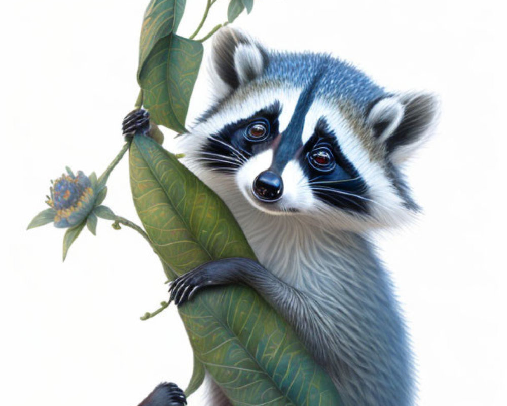 Curious raccoon on green stalk with leaves and flowers