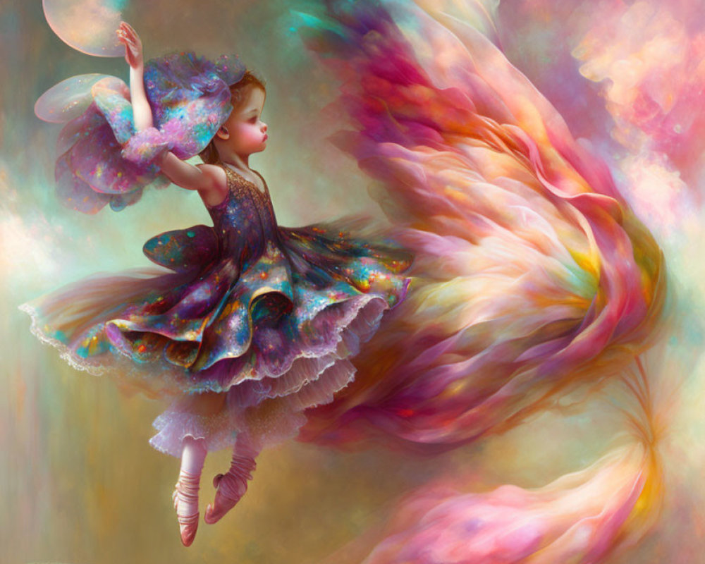 Young girl with butterfly wings in sparkling dress floating in colorful swirls