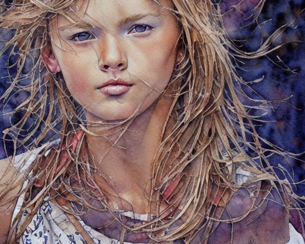 Young girl portrait in watercolor with windswept hair and thoughtful expression on blue background