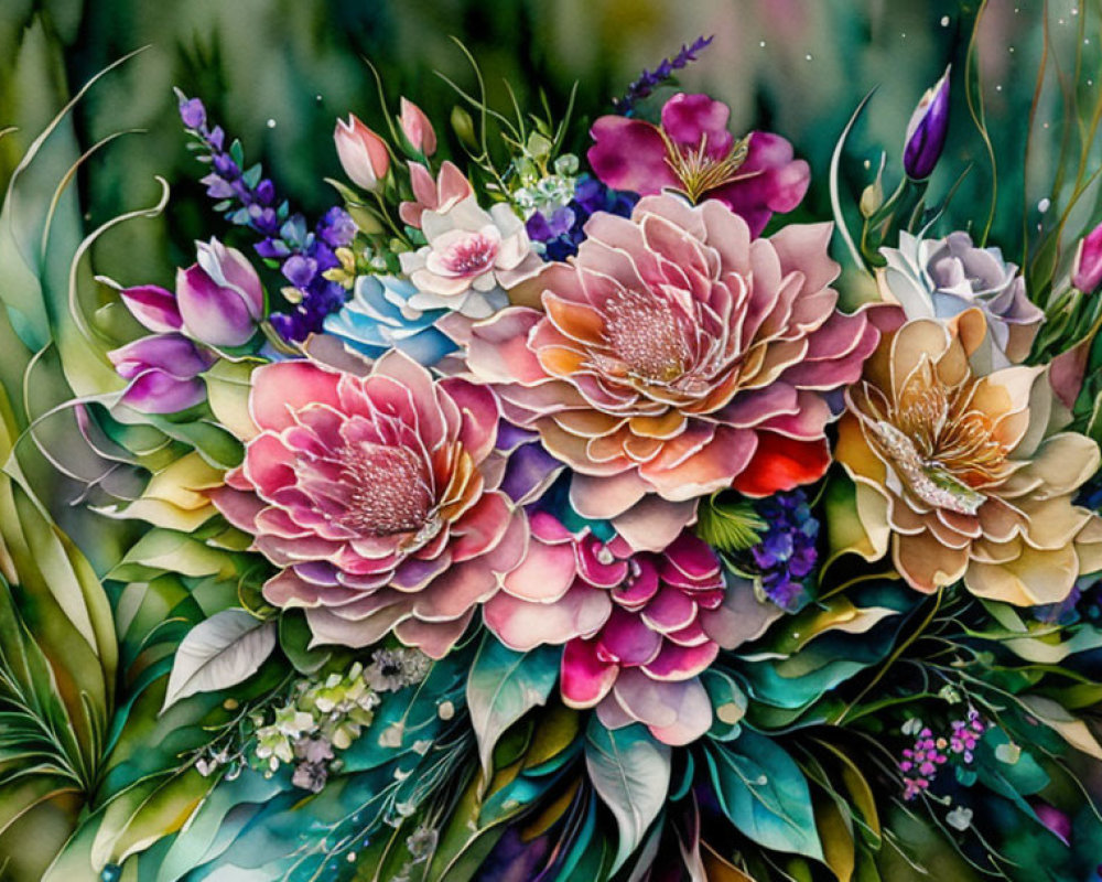 Colorful Floral Painting with Pink Peonies and Blue/Purple Flowers