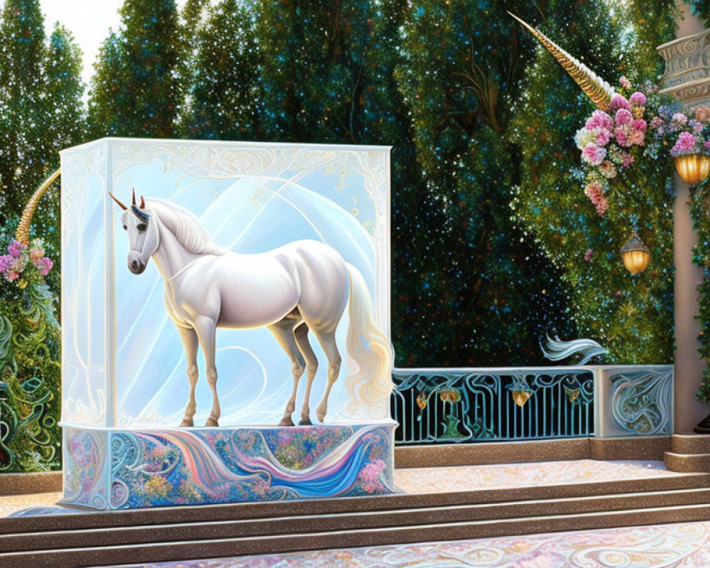 White Unicorn in Translucent Box on Enchanting Garden Terrace