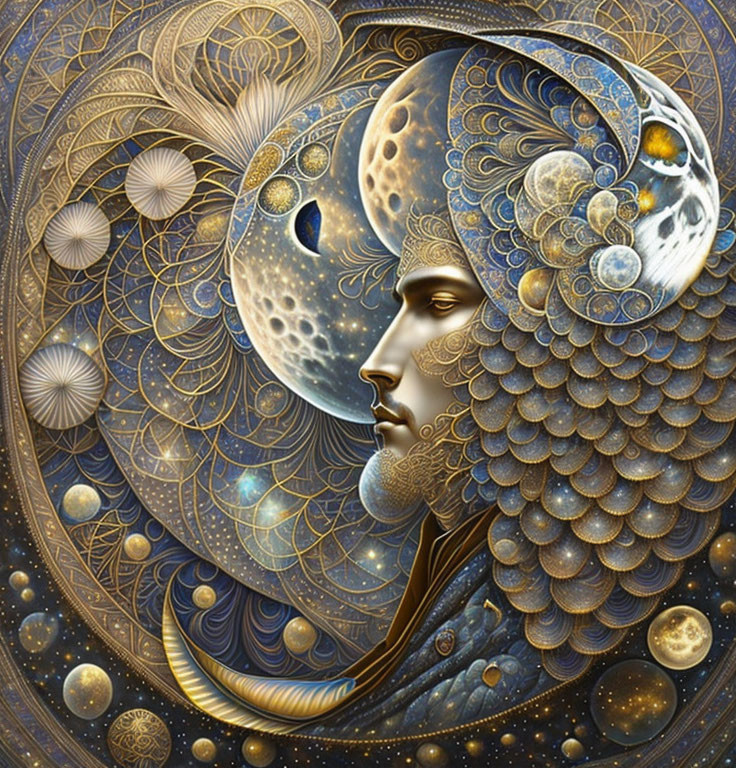 Celestial figure with moon face in gold and blue cosmic patterns