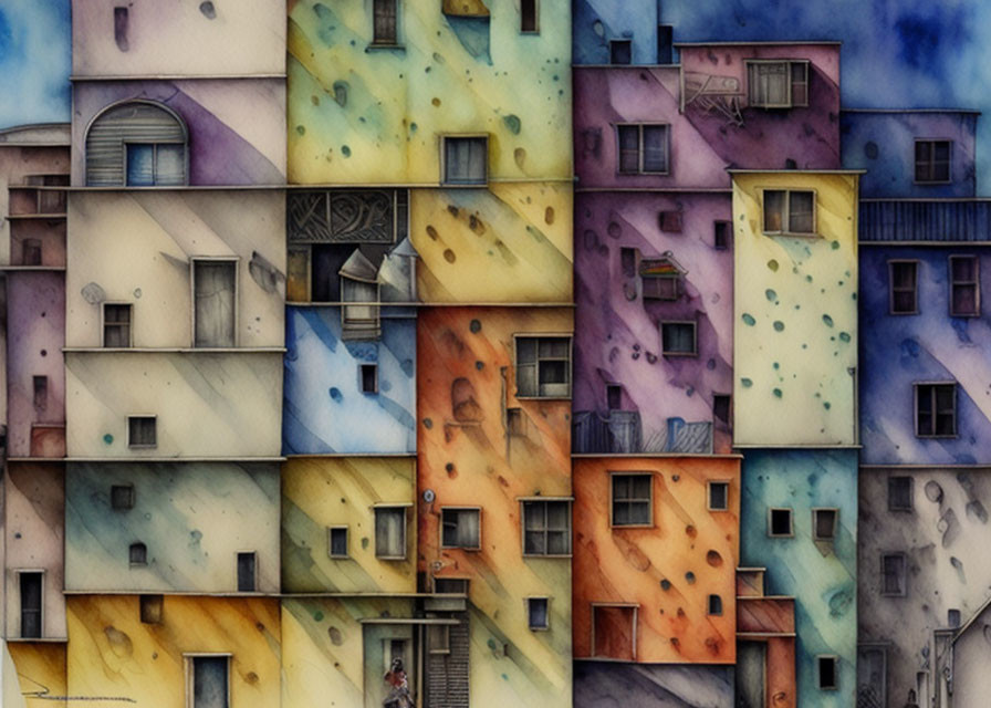 Whimsical watercolor painting of colorful apartment building facade