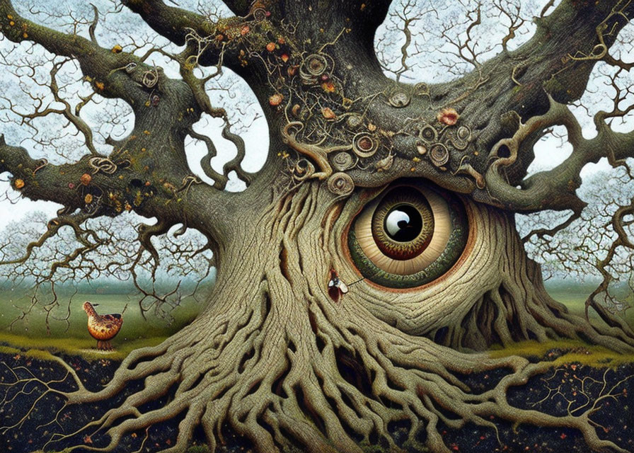 Surreal image: ancient tree with eye, twisted roots, bird nearby