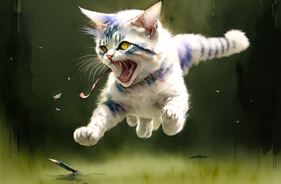 Energetic white and grey-striped cat chasing insect in mid-leap