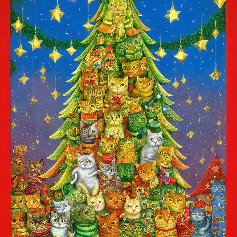 Whimsical cats around Christmas tree with stars