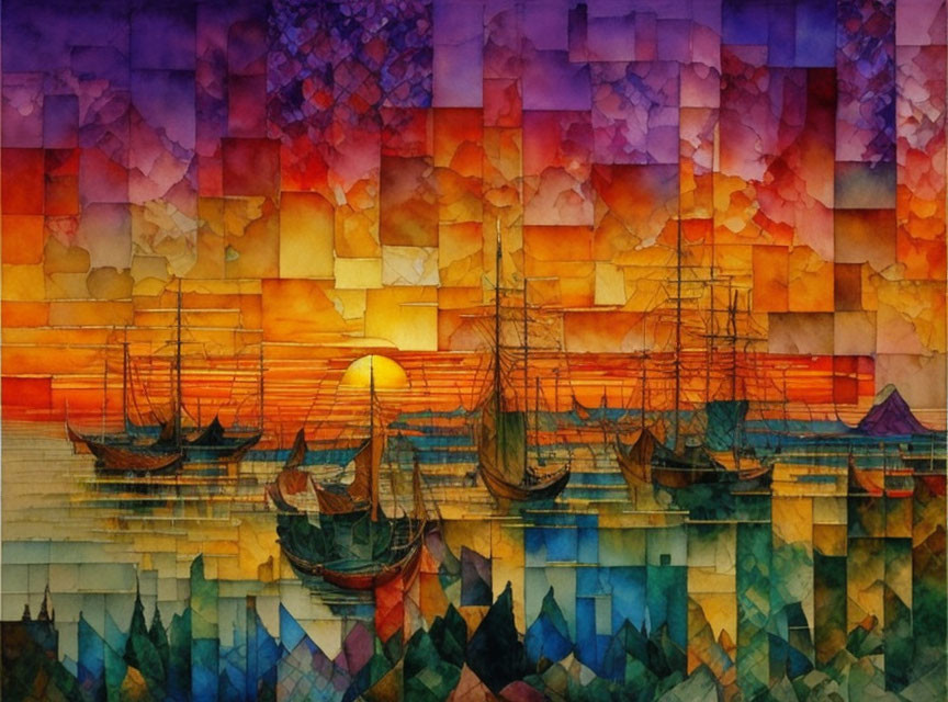 Colorful watercolor painting of ships on sea with geometric sky and setting sun