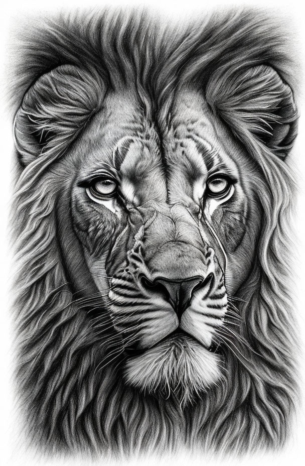 Realistic lion face drawing with detailed eyes and thick mane