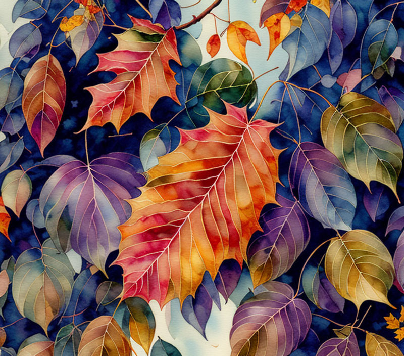 Vibrant autumn leaves painting on dark blue background