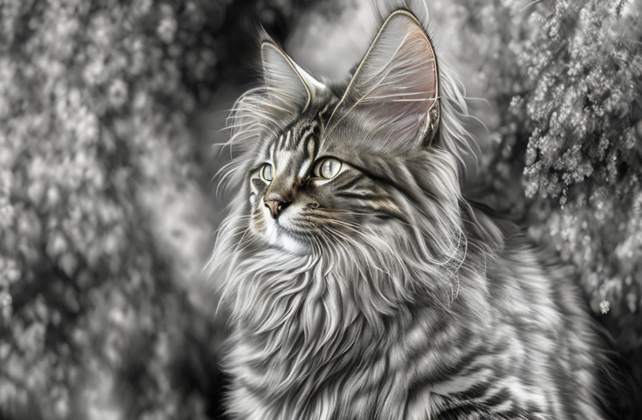 Majestic black and white domestic cat with striped fur and tufted ears in snowy background