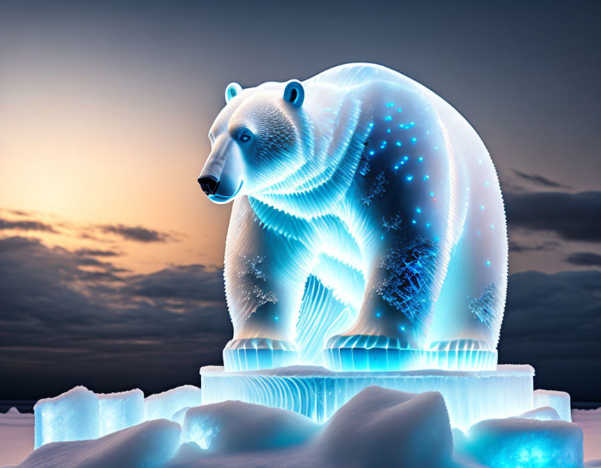 Digital Bear with Cosmic Pattern on Ice at Twilight