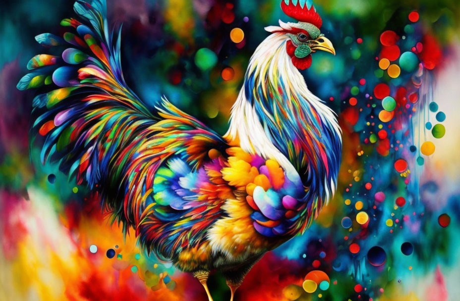 Colorful Rooster Illustration with Bright Feathers and Multicolored Bokeh