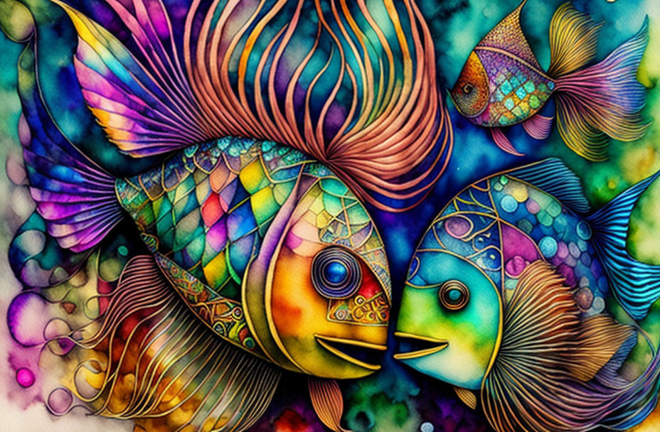 Vibrant Fish Illustration with Intricate Patterns and Textured Background