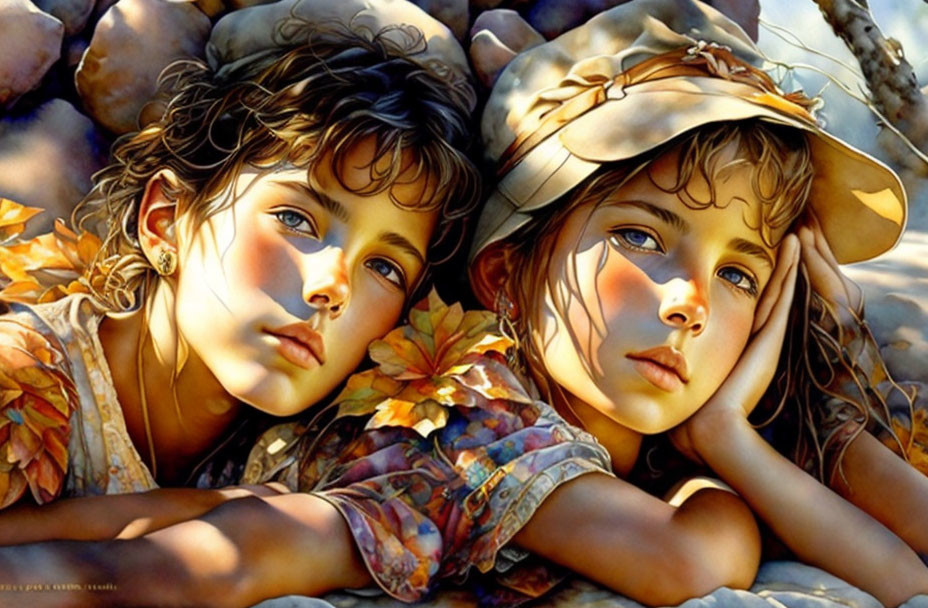 Children with autumn leaves in background, gazing thoughtfully under sunlight.