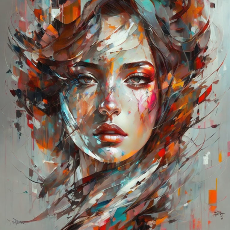 Colorful Abstract Digital Portrait of Woman with Serene Expression