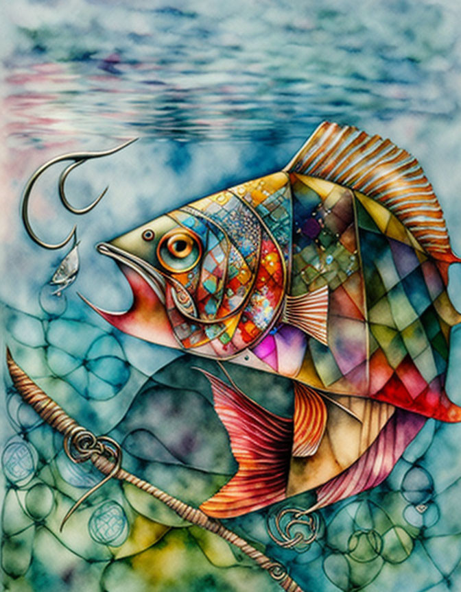 Colorful Stylized Fish Illustration with Geometric Patterns