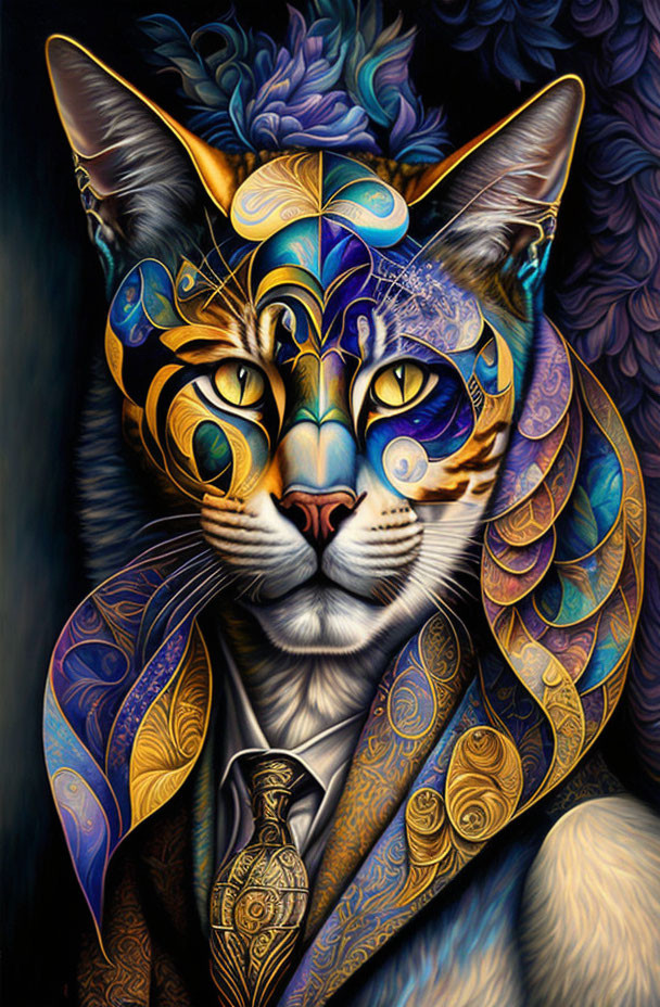 Colorful Stylized Cat Image in Suit and Mask with Intricate Patterns