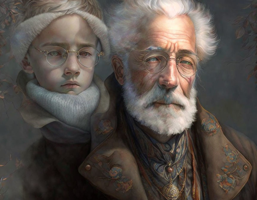 Elderly man with white beard and glasses next to serious child on earth-toned background