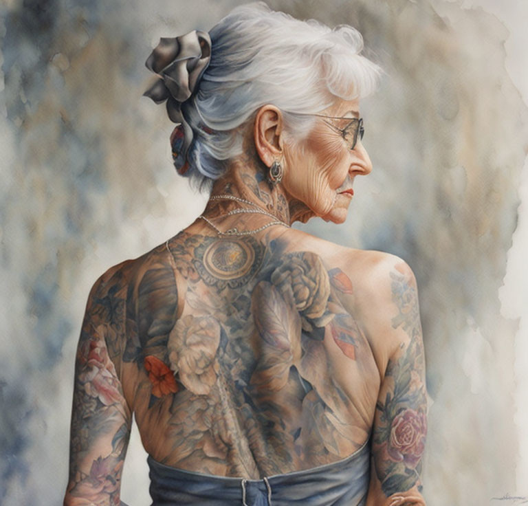 Elderly woman with tattoos on back and arms, featuring flower in hair