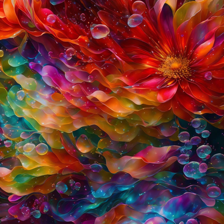 Abstract Flower Image with Red, Orange, and Blue Petals and Bubbles