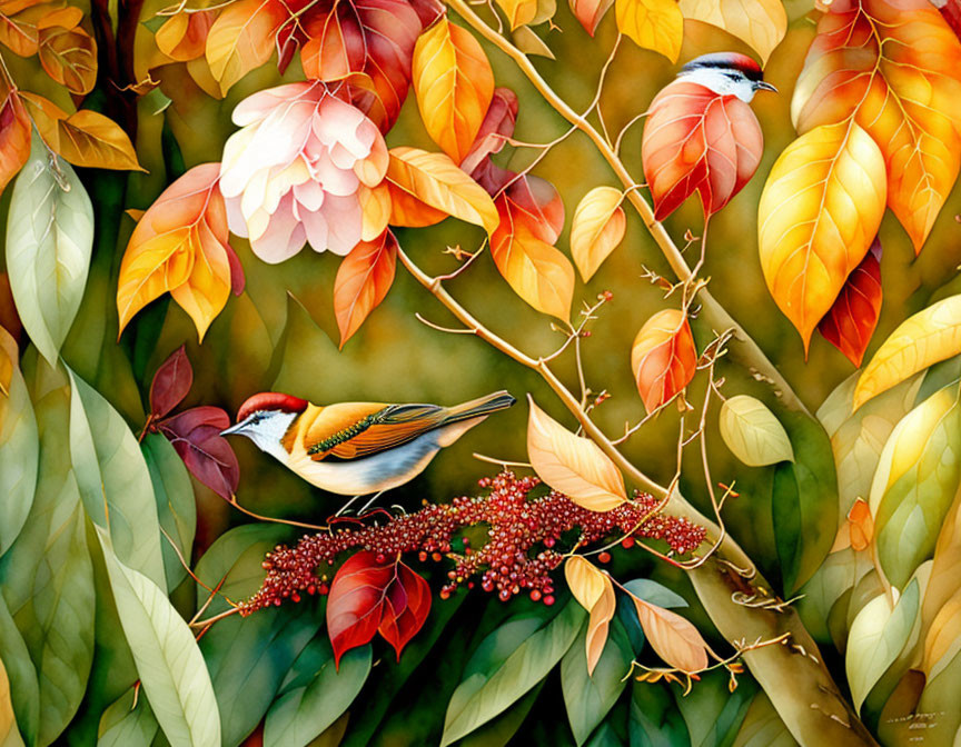 Birds perched in autumn scene with vibrant leaves and red berries