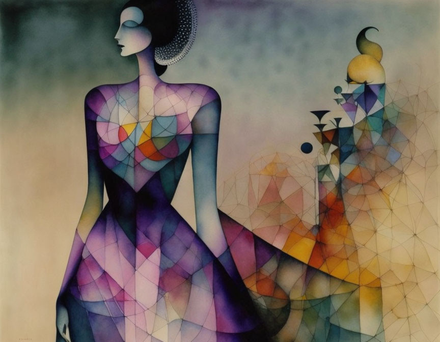 Stylized female figure in pastel colors with geometric dress and cityscape background