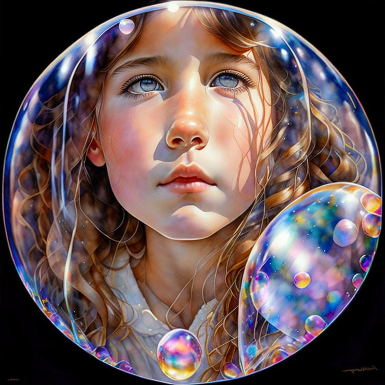 Young girl gazes through iridescent soap bubbles with detailed reflection.