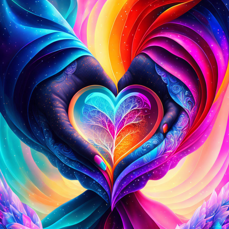 Colorful digital artwork: Hands forming heart on cosmic floral backdrop