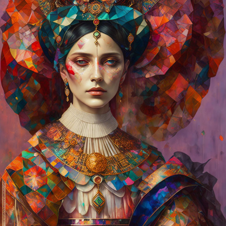 Colorful Geometric Patterned Attire on Woman with Ornate Headpiece