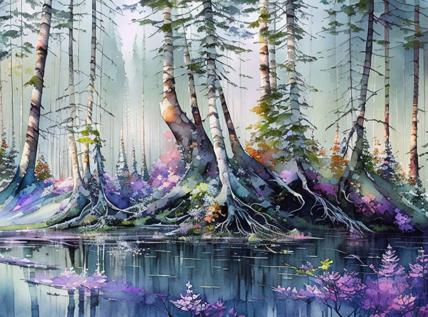 Serene Watercolor Forest Scene with Tall Trees and Pond Reflections