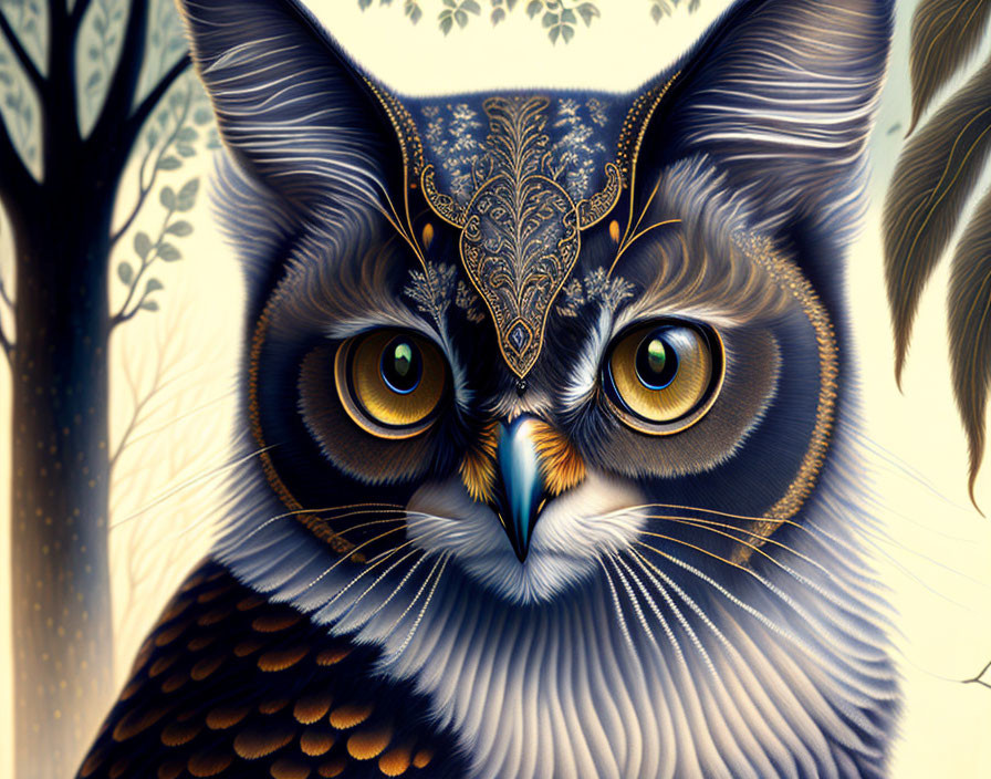 Intricate Owl Illustration with Golden Embellishments