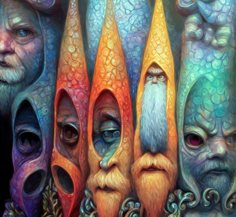 Colorful Surreal Image: Fantastical Humanoid Figures with Elongated Faces