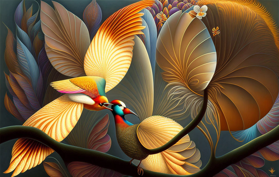 Colorful digital artwork of stylized birds on branch with ornate plumage.