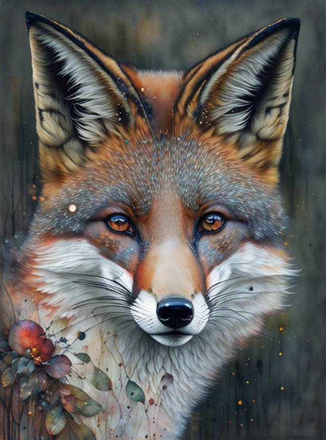 Detailed Fox Face Illustration with Vibrant Eyes and Soft Floral Surroundings