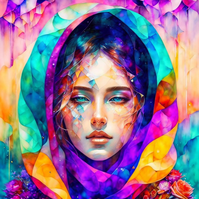 Colorful Digital Portrait of Woman with Cosmic Aura and Floral Elements