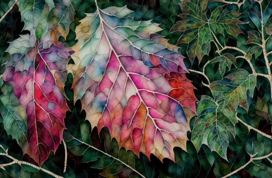 Colorful Stylized Image of Green, Pink, and Yellow Leaves