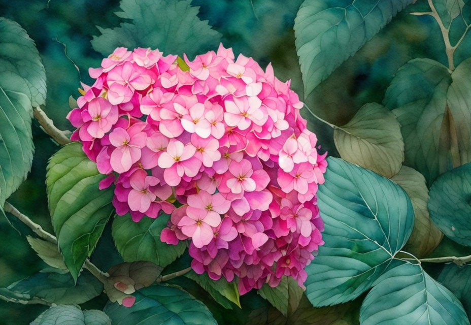 Pink Hydrangea Cluster Watercolor Painting with Green Leaves on Dark Background