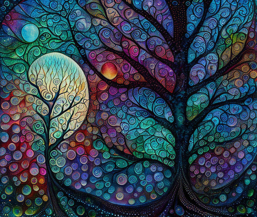 Colorful Swirl Patterned Tree on Starry Night Background