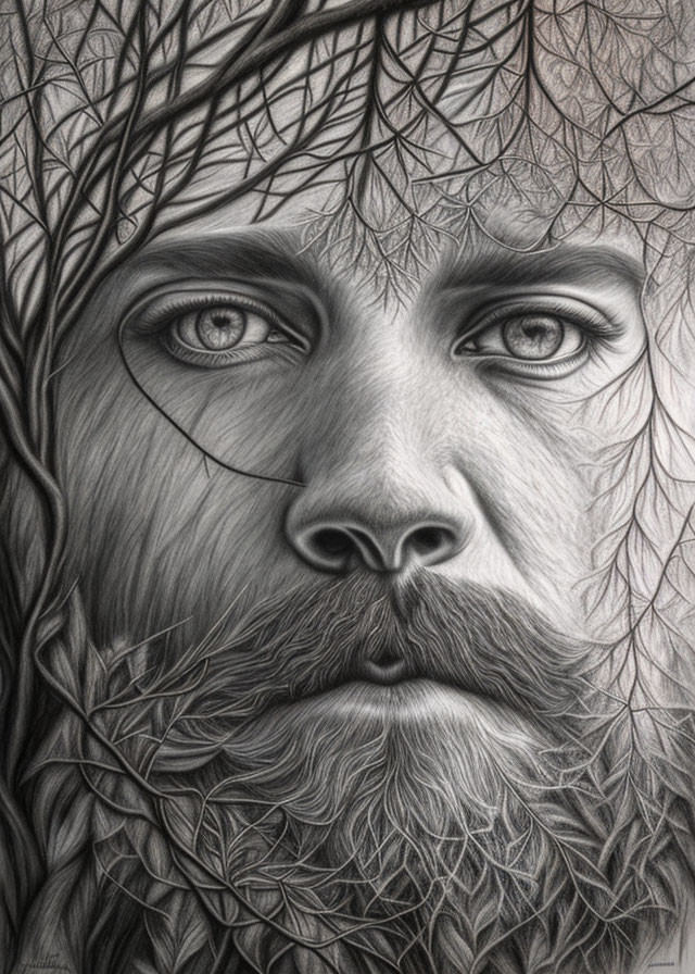 Detailed pencil drawing: Man with intense eyes, thick beard, tree branches blending with hair.