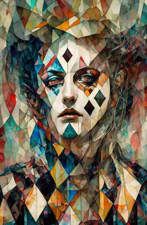 Vibrant geometric abstract portrait with blue, orange, and white shades