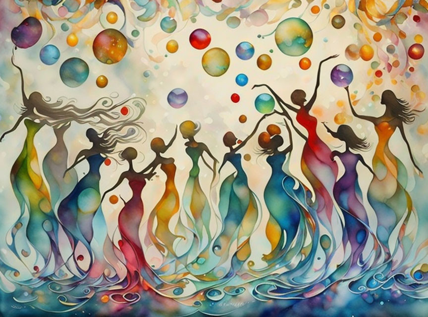 Colorful Silhouetted Figures Dancing Amongst Orbs and Swirls