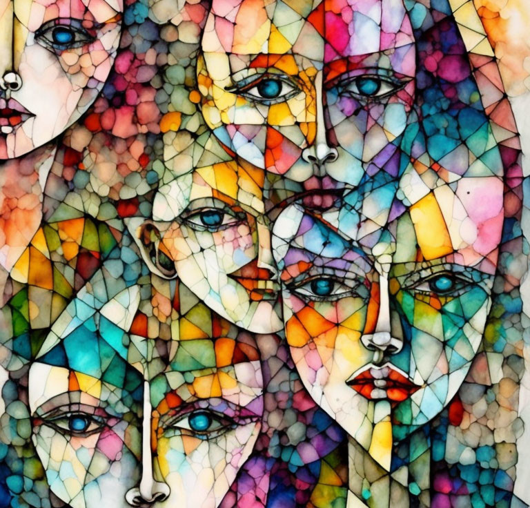 Abstract painting: Overlapping faces in stained-glass style