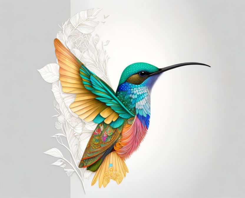 Vibrant hummingbird illustration with intricate wing patterns on white background