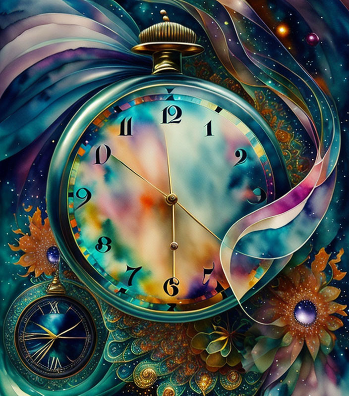 Colorful Pocket Watch Art with Cosmic and Floral Design